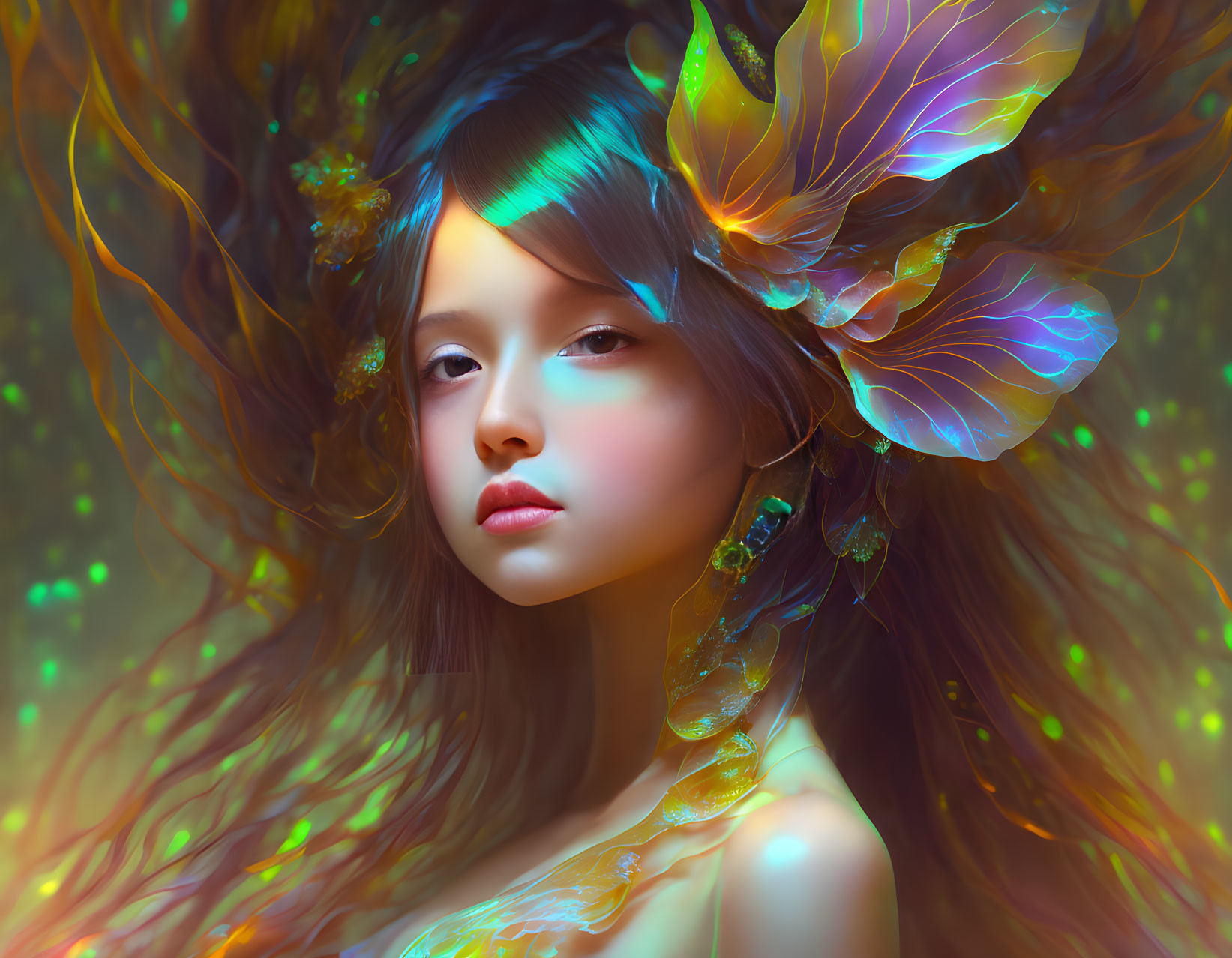 Fantasy portrait: Girl with butterfly wings in hair, glowing elements, dark bokeh background