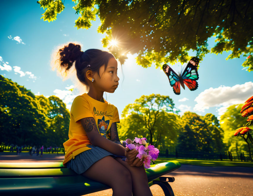 Young girl with pink flowers and butterfly on park bench