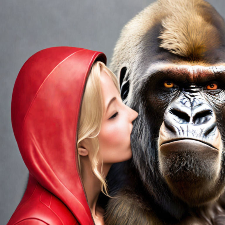 Woman in Red Hood Kisses Gorilla on Cheek in Grey Background