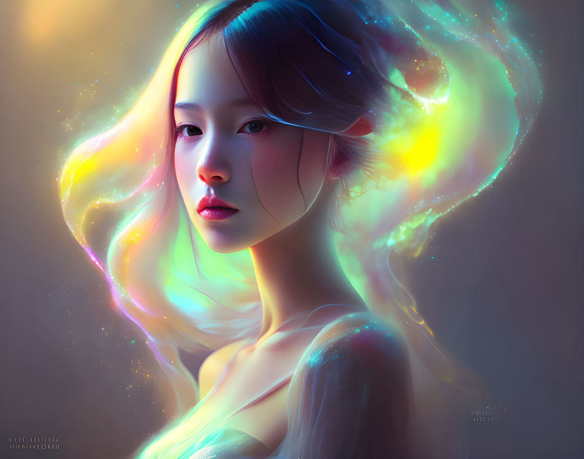 Colorful digital portrait of a woman with luminescent hair and ethereal glow