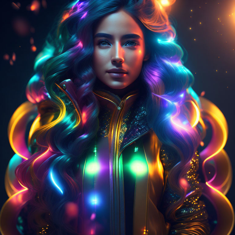 Multicolored Hair Woman in Mystical Setting