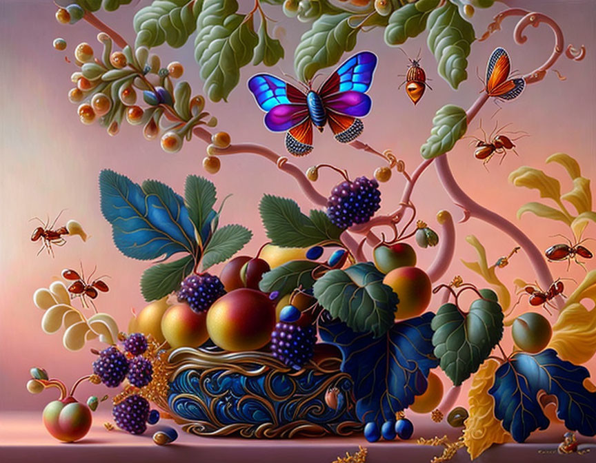 Colorful painting of butterfly, berries, leaves, and insects in whimsical setting