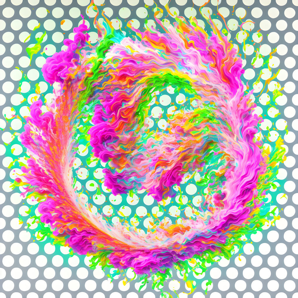 Colorful flame-like paint swirl on polka-dotted background with smiley faces