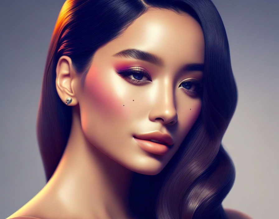 Vibrant digital portrait of woman with glowing skin and wavy hair