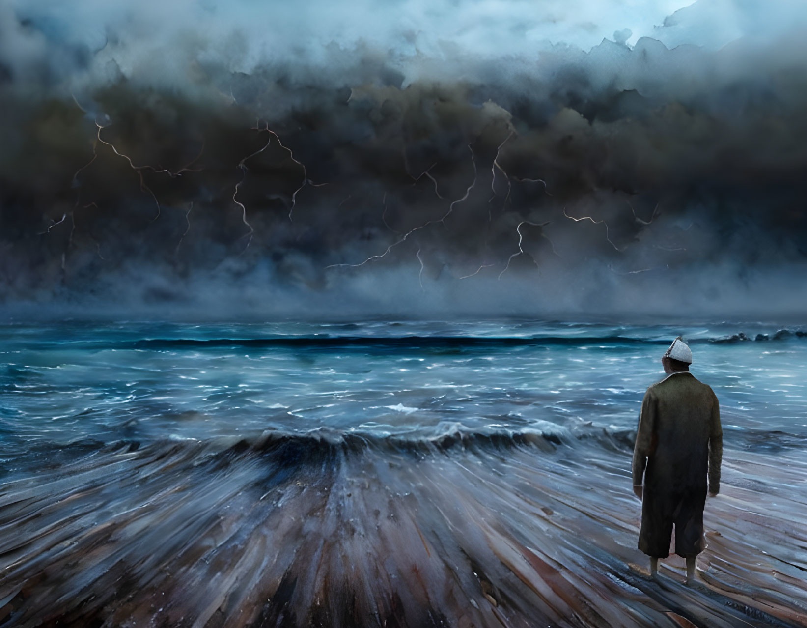 Figure in coat and hat facing stormy sea with lightning and turbulent waves