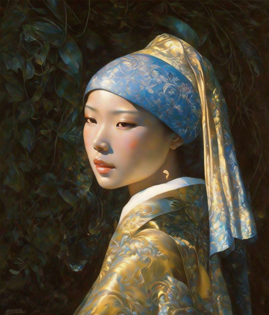 Woman portrait with blue headscarf and golden robe in dark, leafy background