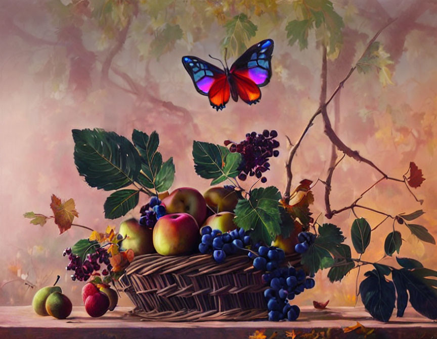 Colorful Still Life Painting with Fruits, Berries, and Butterfly