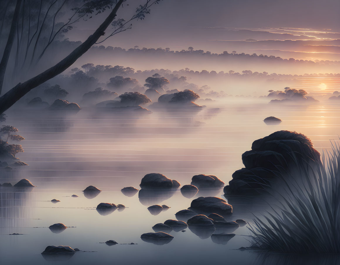 Mist-covered river at dawn with silhouetted trees