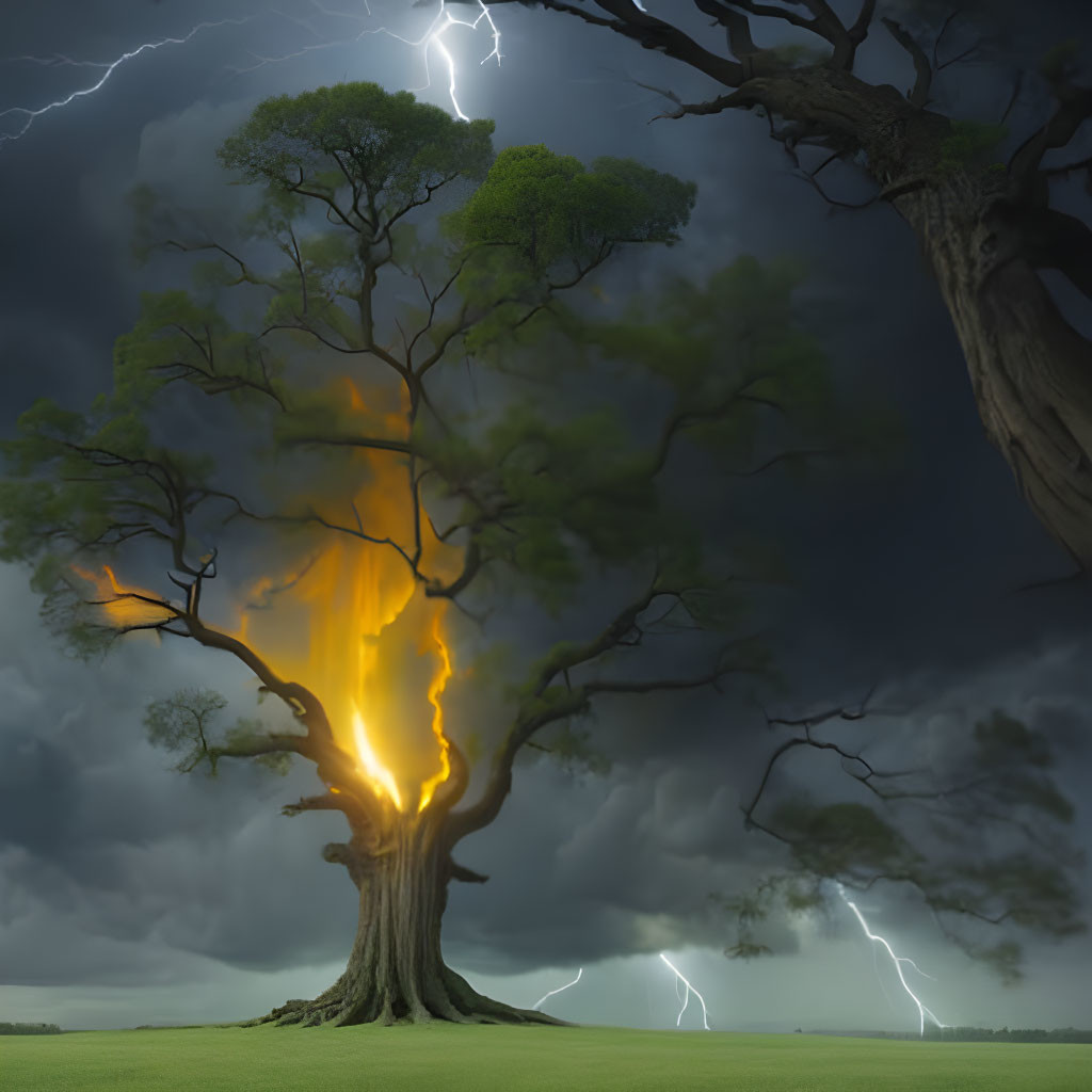 Majestic tree illuminated by fiery glow in stormy sky