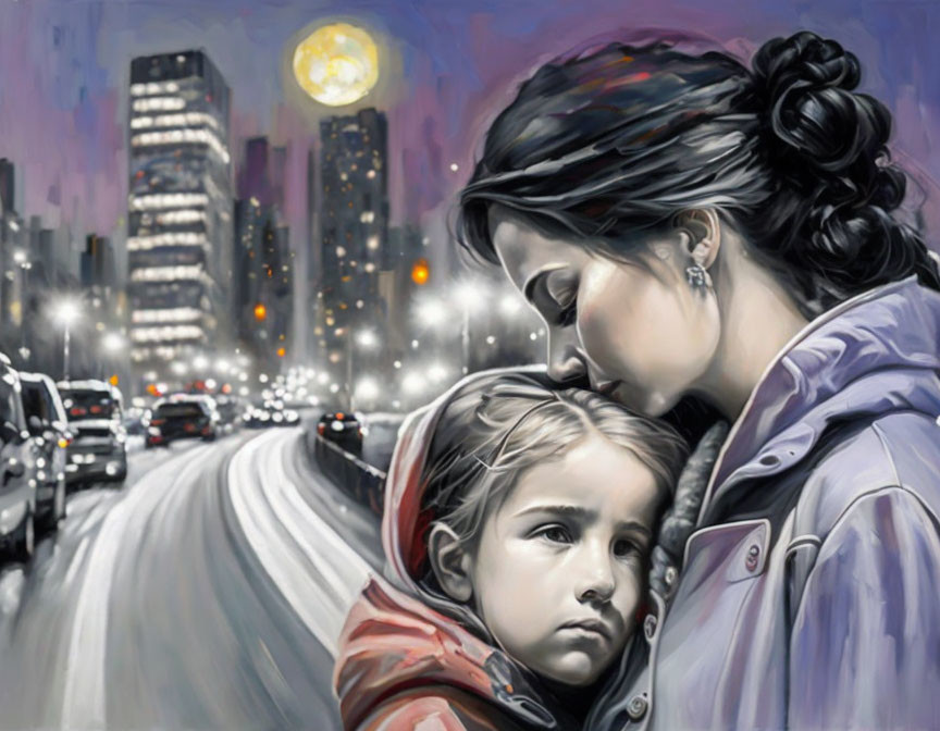 Mother and Child Embracing in City Night Scene