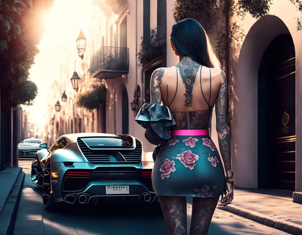 Woman with full-body tattoos walking to sports car at sunset with helmet.