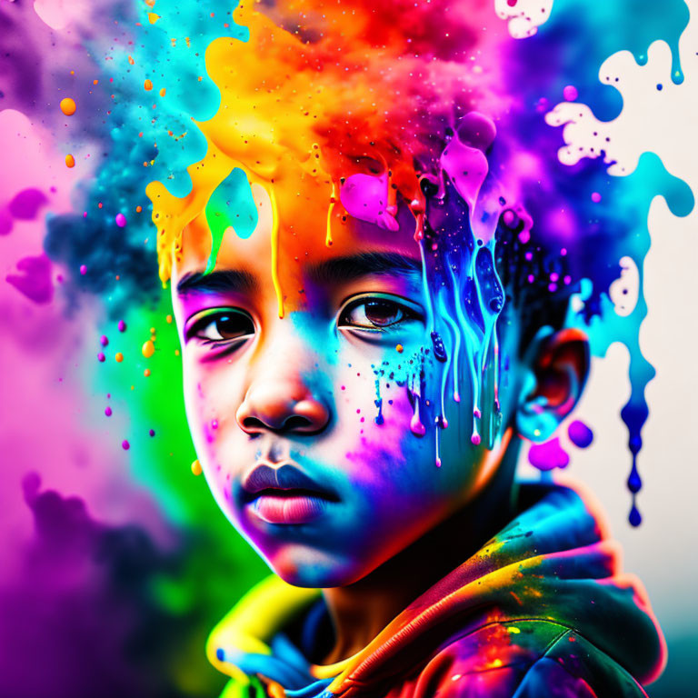 Colorful portrait of child with paint drips on face and clothes against vibrant background