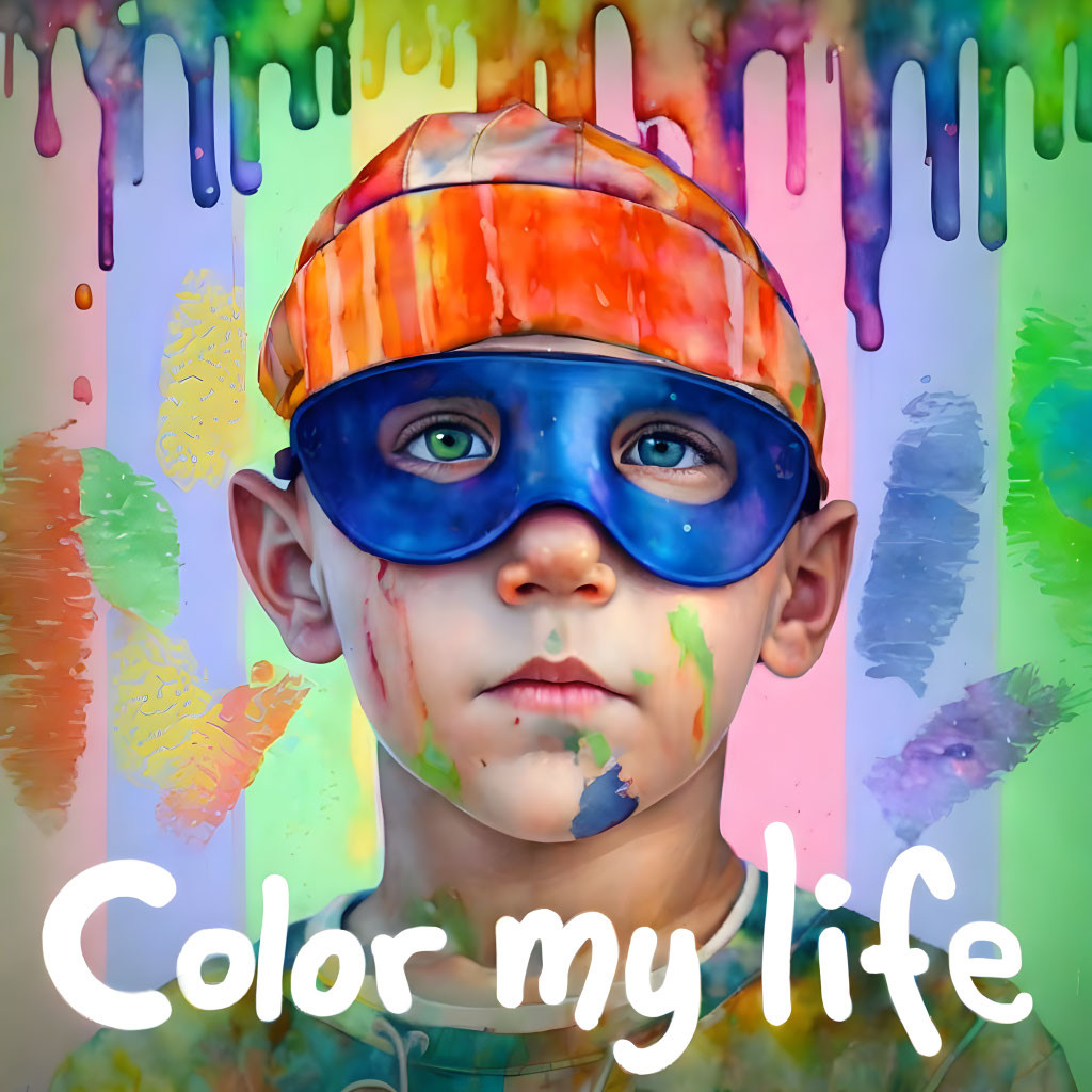 Child in Cap and Goggles Surrounded by Vibrant Paint Splatters and "Color My Life