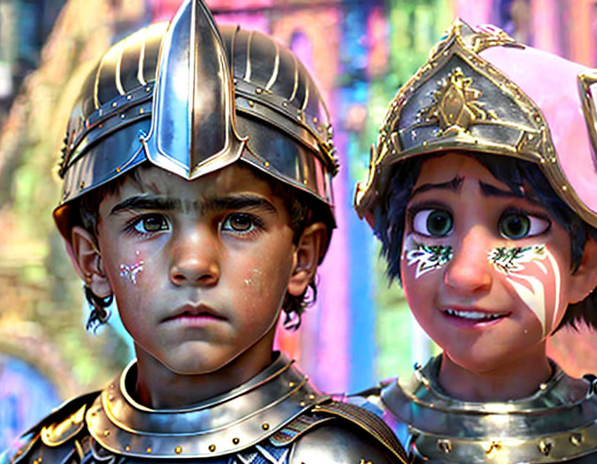 Children in knight costumes with metallic helmets against colorful backdrop