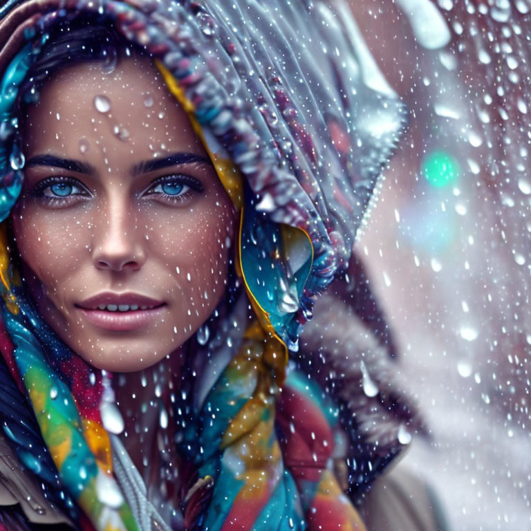 Woman with Blue Eyes in Colorful Scarf Gazing Through Wet Glass