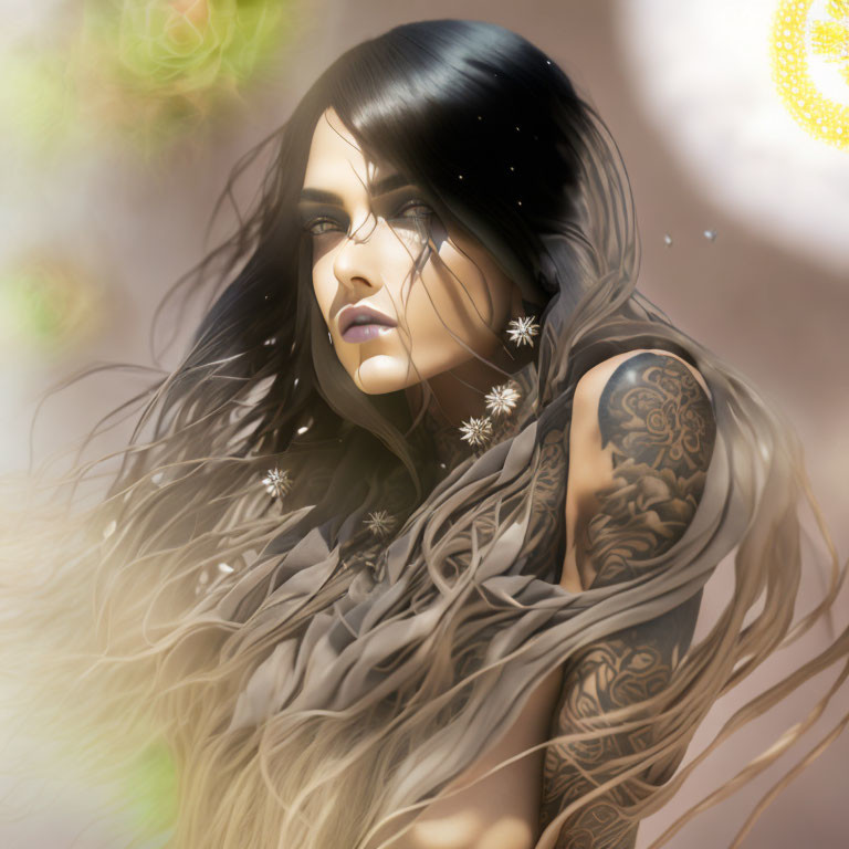 Illustrated female figure with dark hair and tattoos in snowflake-themed setting