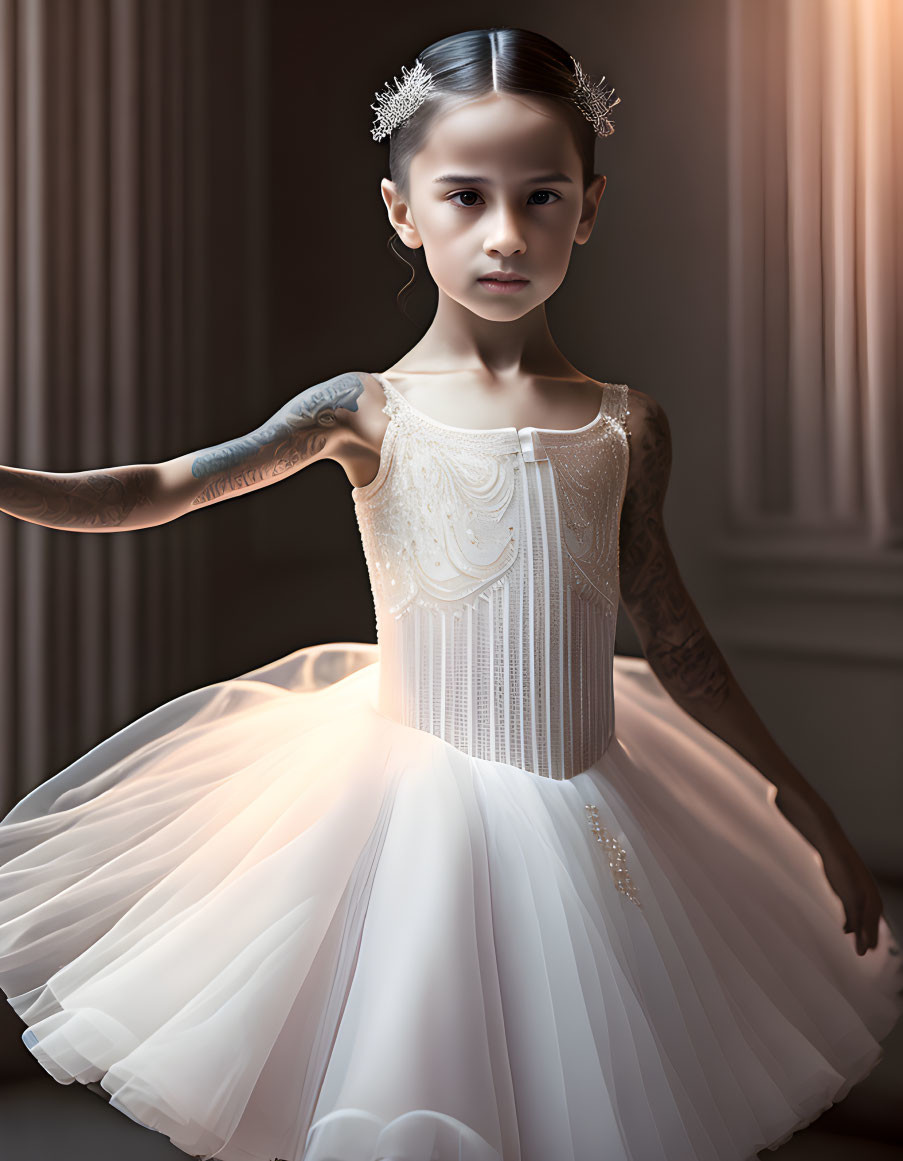 Young girl in white ballet tutu and beaded bodice with tattoos, standing gracefully in soft light