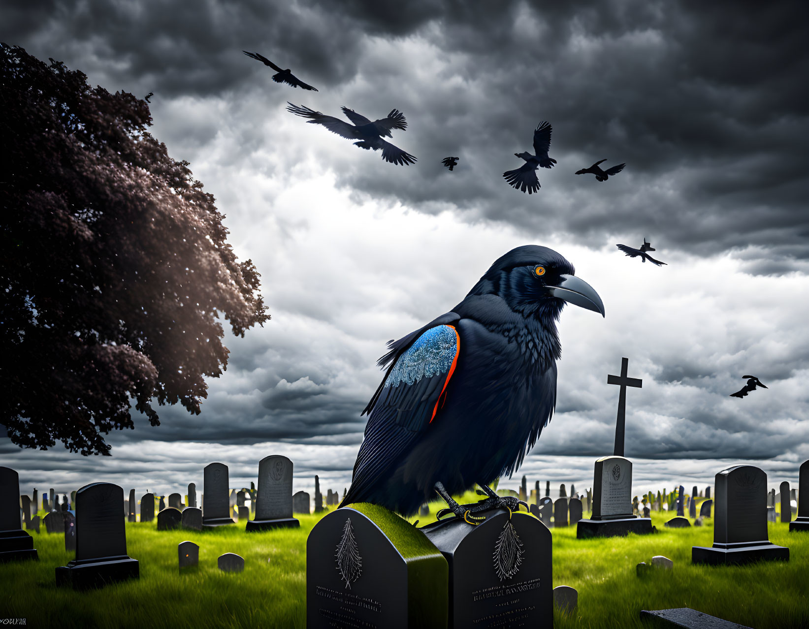 Raven on tombstone in gloomy cemetery with overcast skies