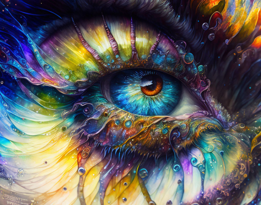 Close-up Vibrant Eye Illustration with Feathers and Textures in Blue and Gold