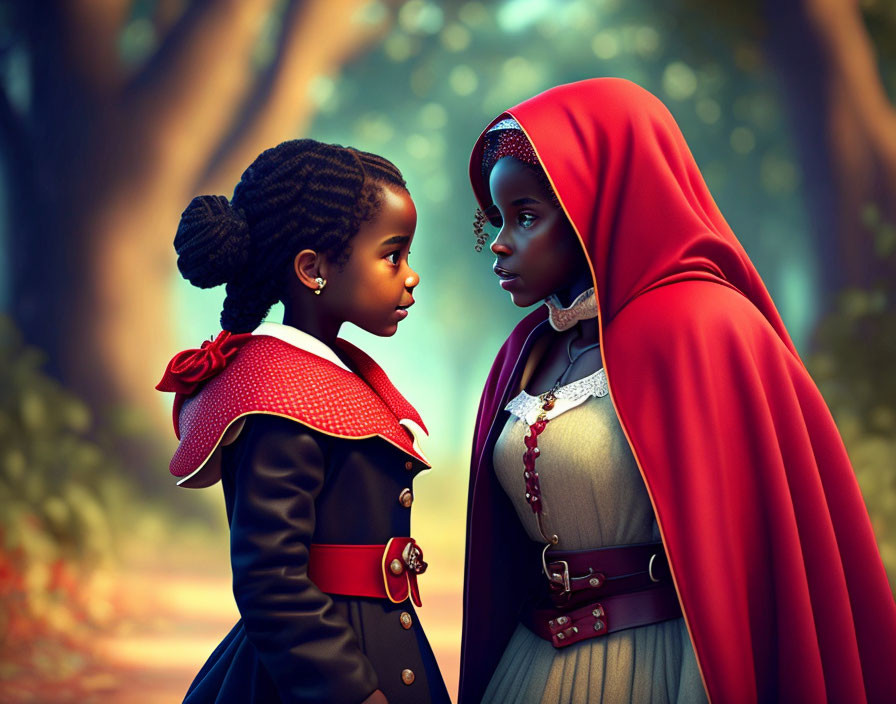 Animated young girls in detailed period clothing face off in forest scene.