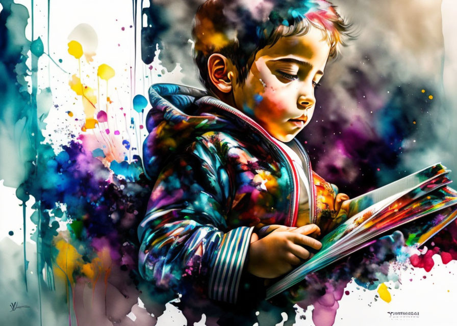 Colorful Digital Painting of Child Reading Book