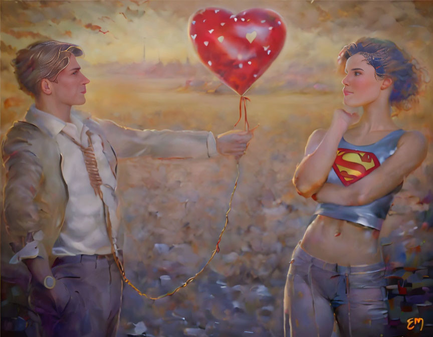 Romantic painting of man and woman with heart-shaped balloon at sunset