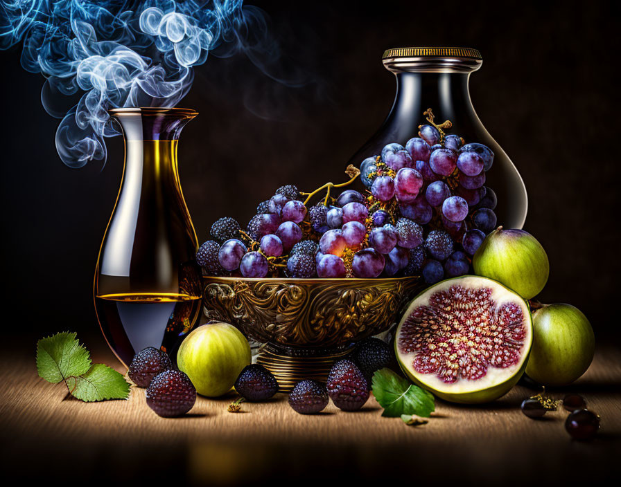 Fruit bowl and elegant glass bottles against dark backdrop