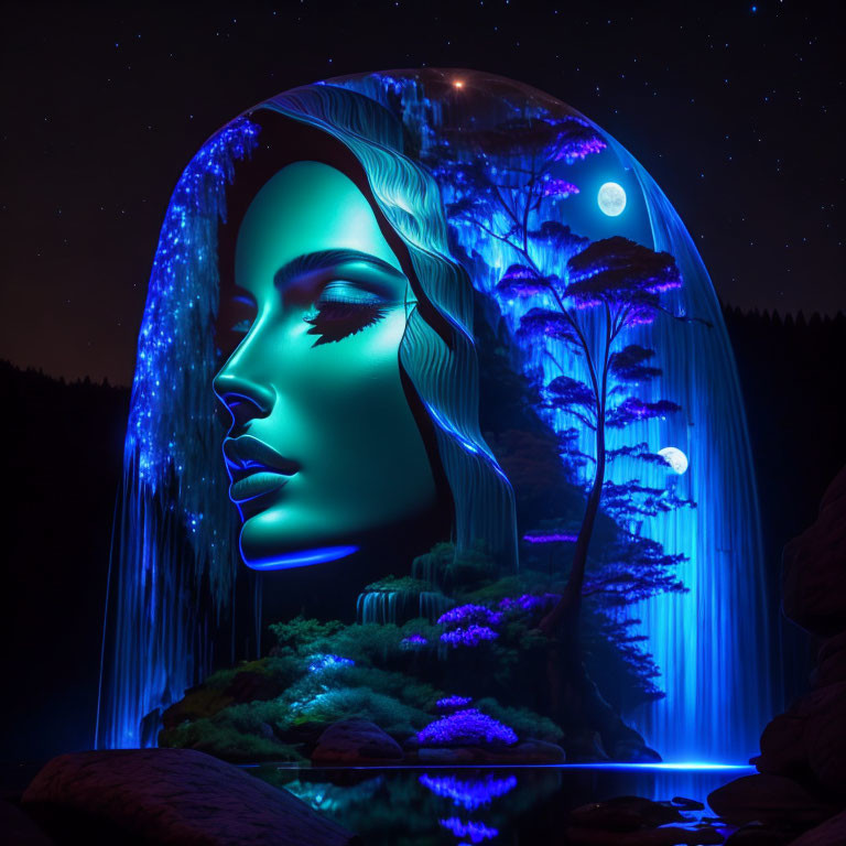 Surreal woman's face merges with nighttime forest and waterfall.