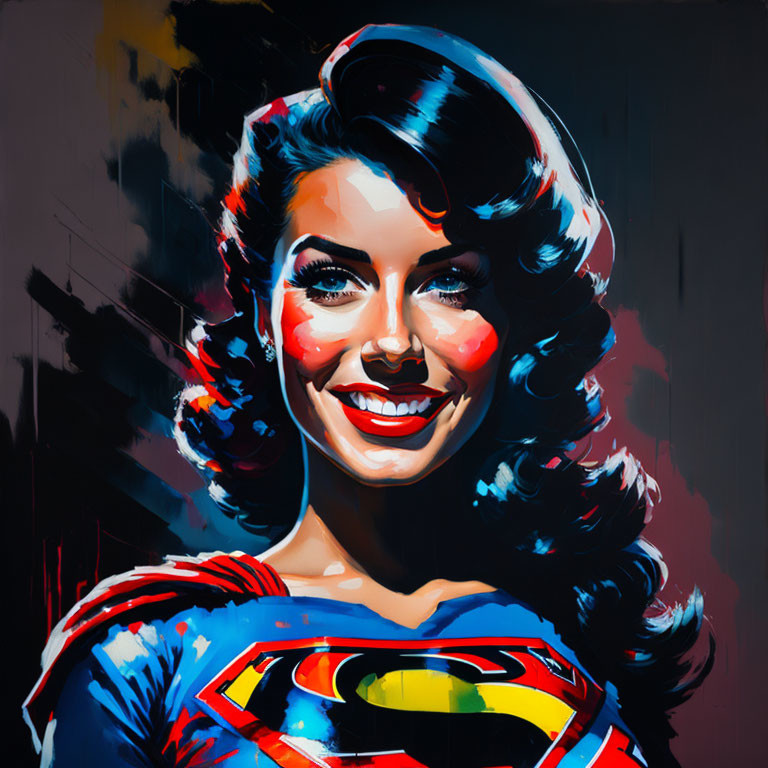 Vibrant painting of woman in Superman costume with vintage hairstyles