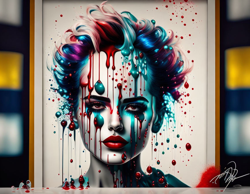 Vibrant portrait of a woman with paint drips in red, blue, and white