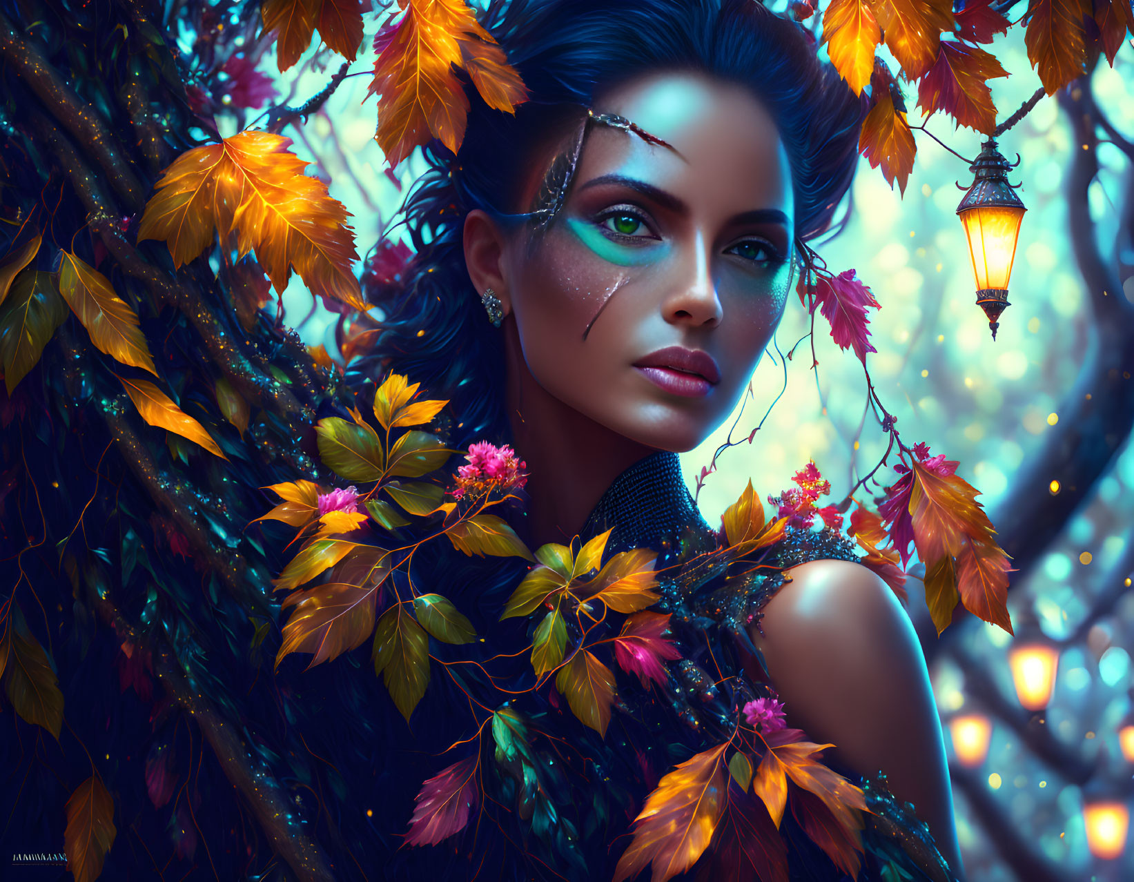 Woman with Blue Eyes and Autumn Leaves in Hair in Enchanting Forest Scene