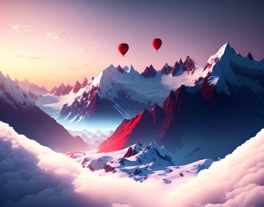 Surreal mountain landscape with hot air balloons at sunset