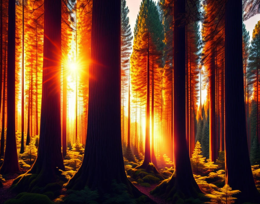 Forest sunset with tall trees casting warm orange glow