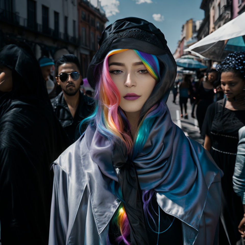 Colorful-haired person in black hat among crowd, silver cloak and dark scarf.