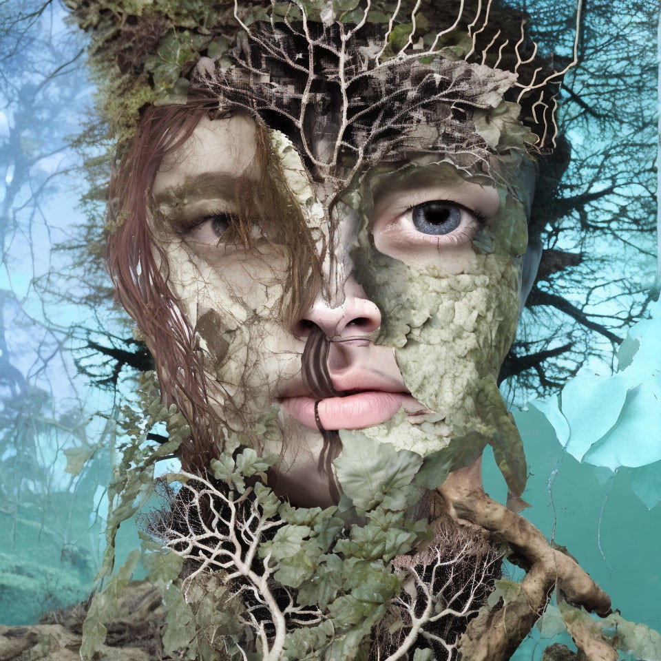 Composite Image: Woman's Face Blended with Nature Elements