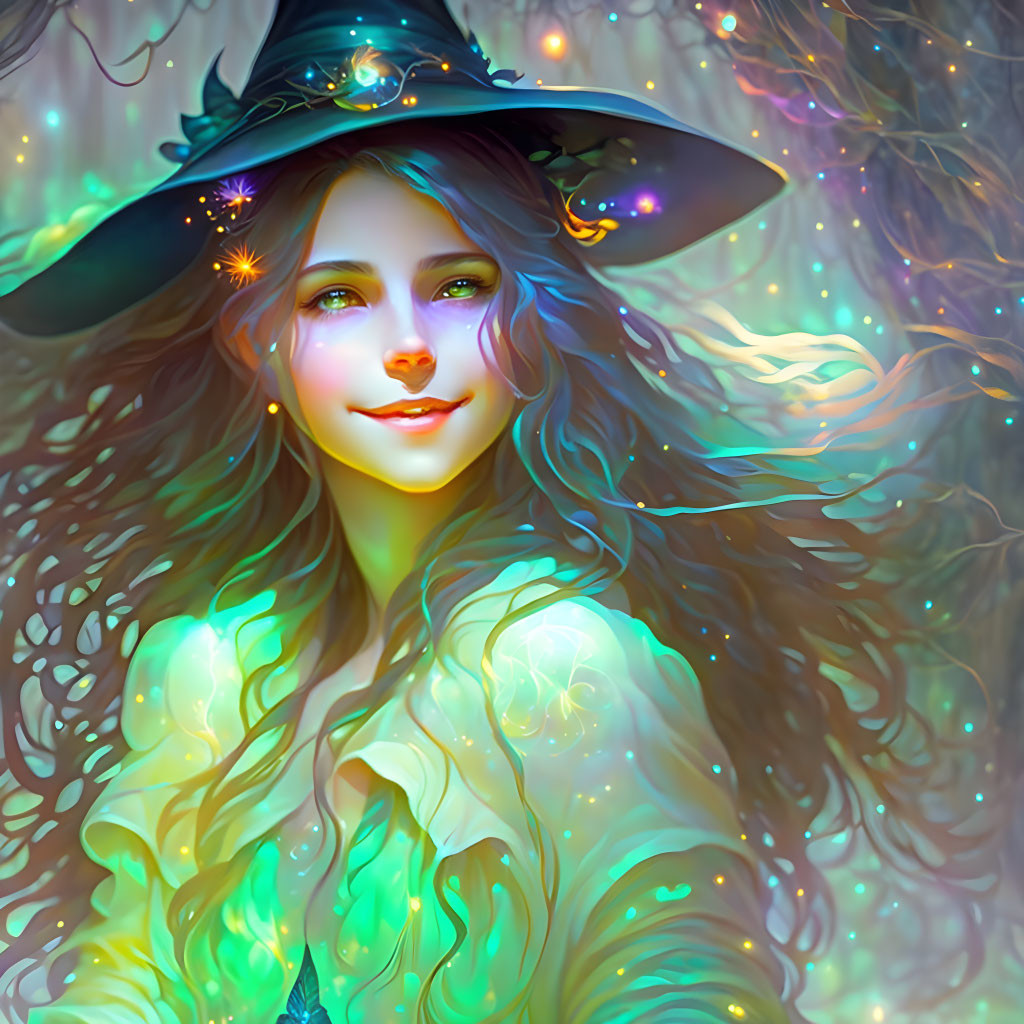 Colorful Illustration: Smiling Woman in Witch's Hat with Magical Aura