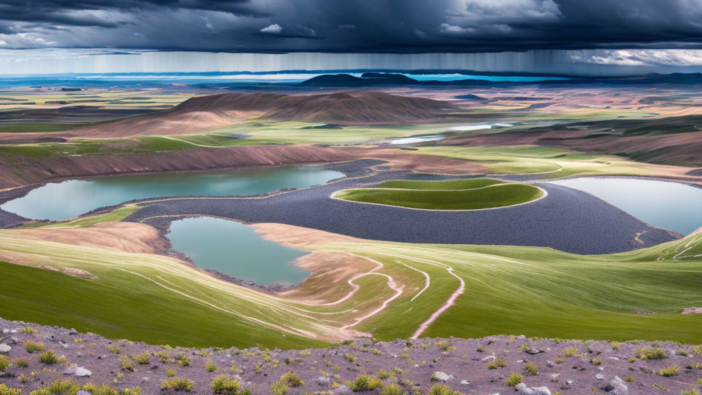 Colorful Rolling Hills, Lakes, Dramatic Sky: A Vivid Landscape