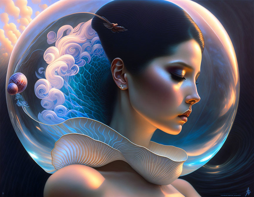 Digital artwork: Woman with sleek hair, wave-like garment, spacecraft, planets in cosmic backdrop