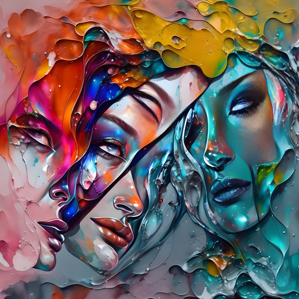 Colorful liquid faces blend in vibrant hues