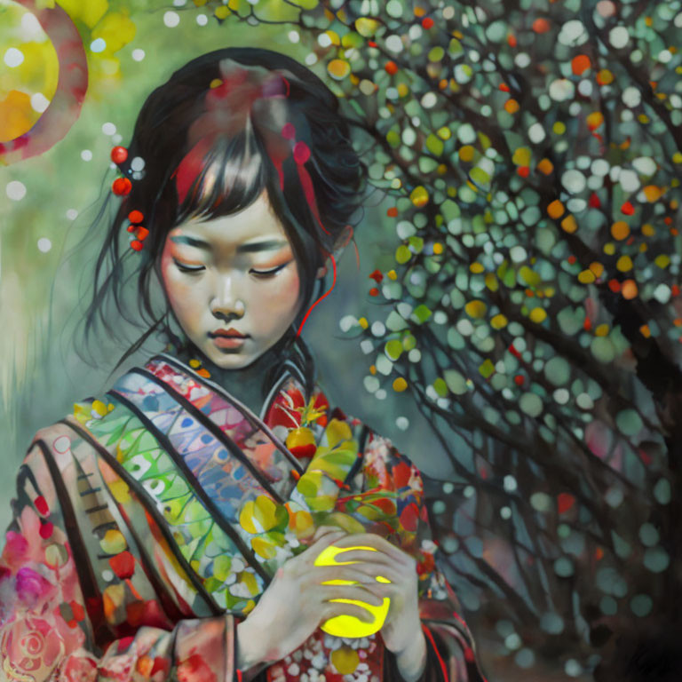 Colorful Kimono-Wearing Girl with Glowing Object in Floral Setting