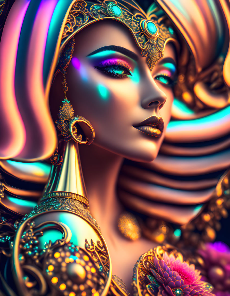 Colorful digital portrait of woman with golden jewelry and neon makeup