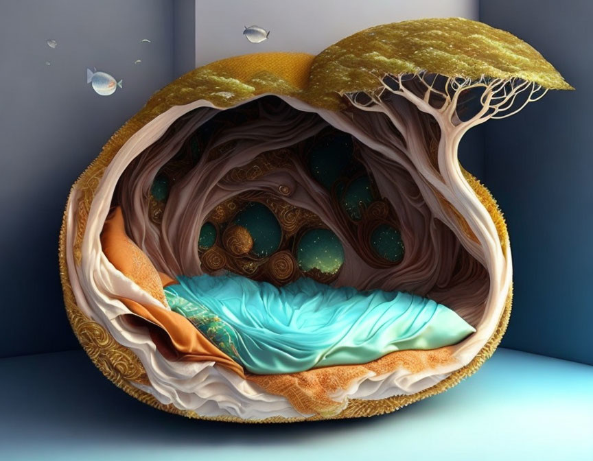 Fantasy lemon illustration with intricate interior landscape