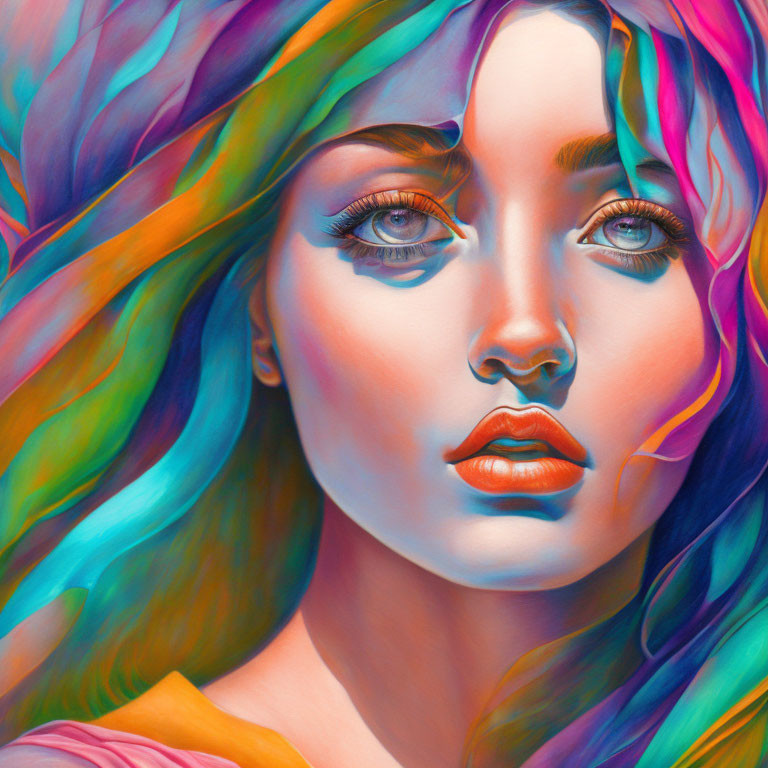 Colorful portrait of woman with multicolored hair and blue eyes against vibrant backdrop