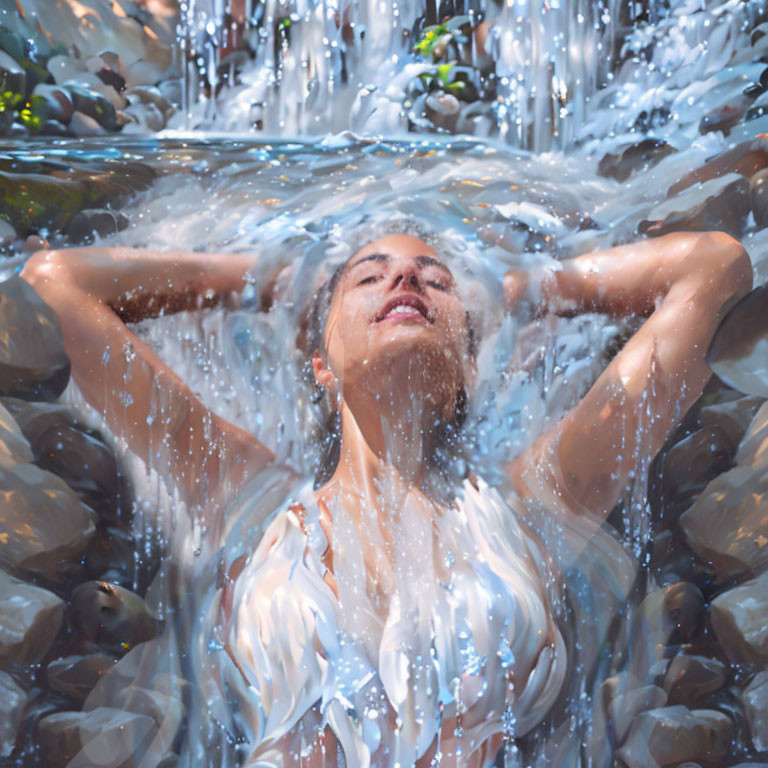 Person Relaxing in Waterfall with Arms Raised