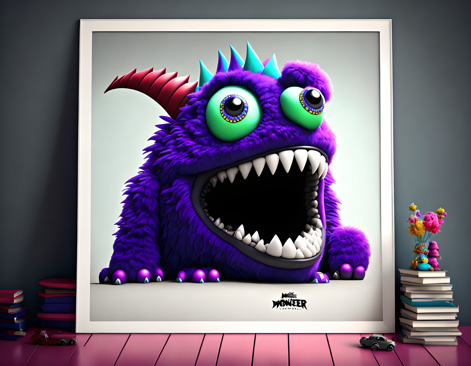 Colorful Purple Monster Artwork with Green Eyes and Spikes on Wall Display