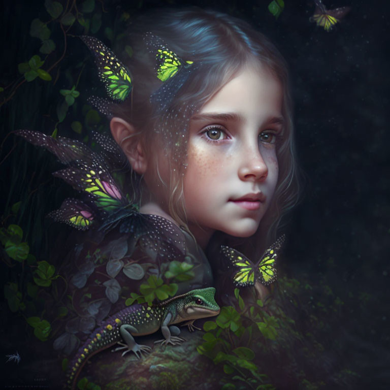 Portrait of young girl with freckles in dark foliage with butterflies and lizard.