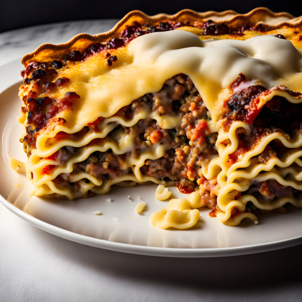 Layered Lasagna with Melted Cheese and Meat on White Plate