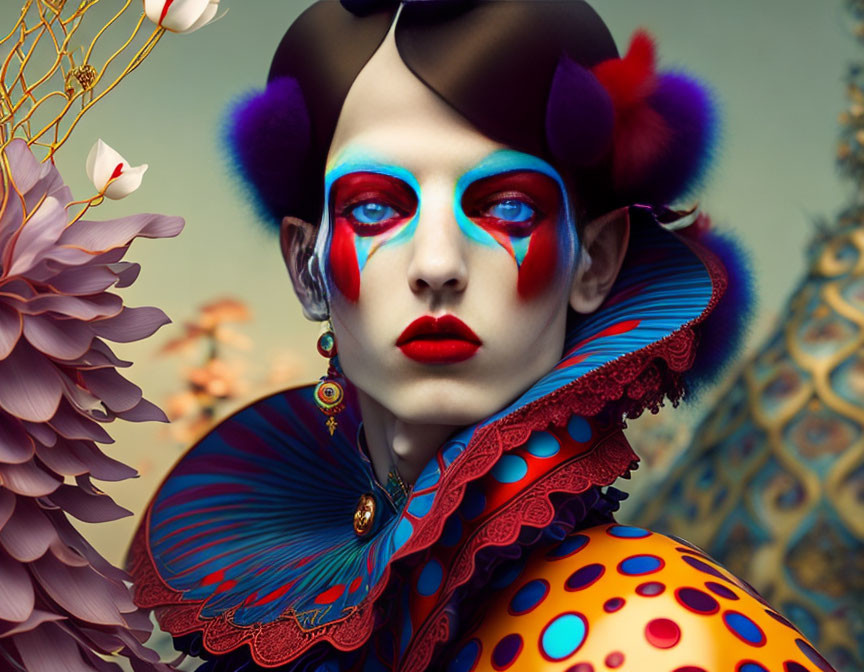 Colorful Makeup and Elaborate Costume with Polka Dots and Floral Elements