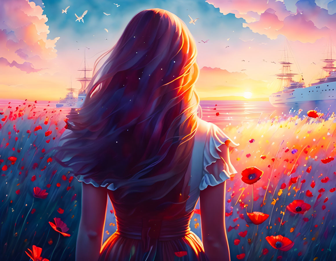 Woman with Long Hair Gazing at Sunset over Sea with Ships, Surrounded by Red Poppies