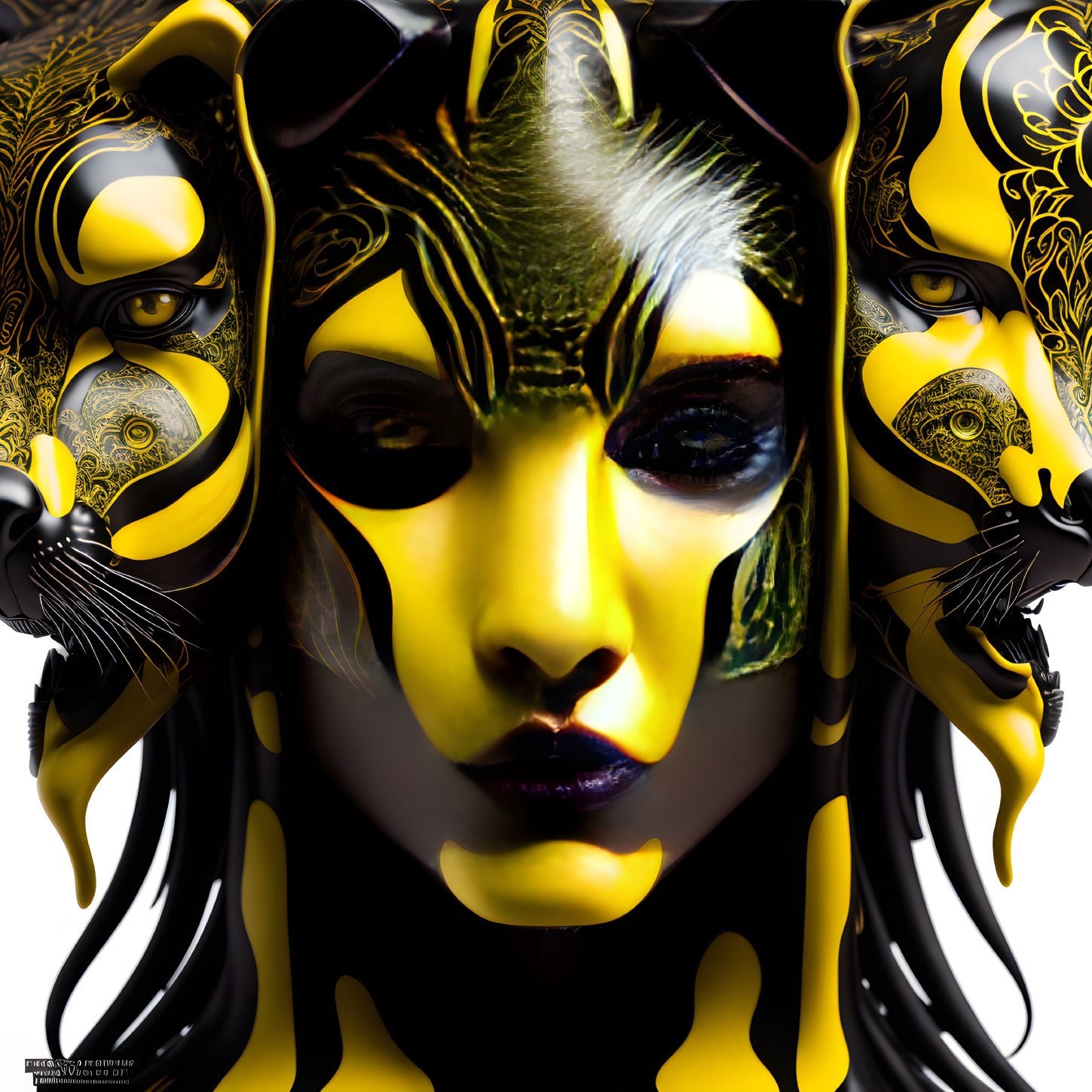 Surreal artwork with central face flanked by golden lion faces